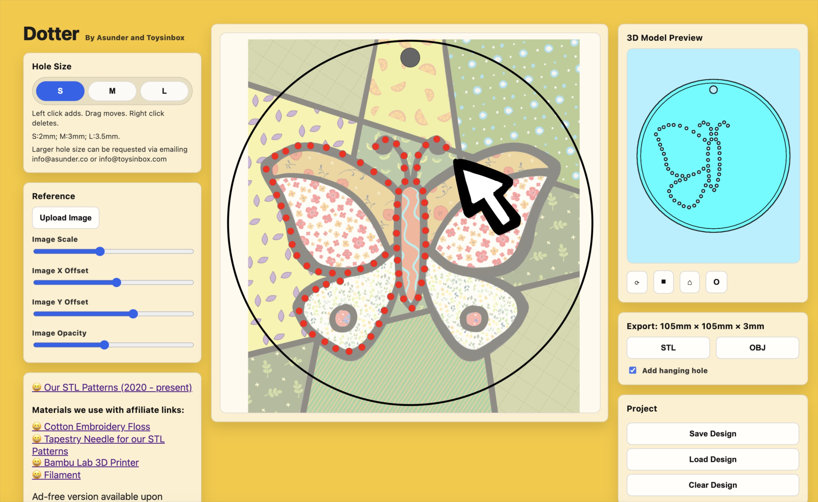 Dotter editing interface showing embroidery hole placement