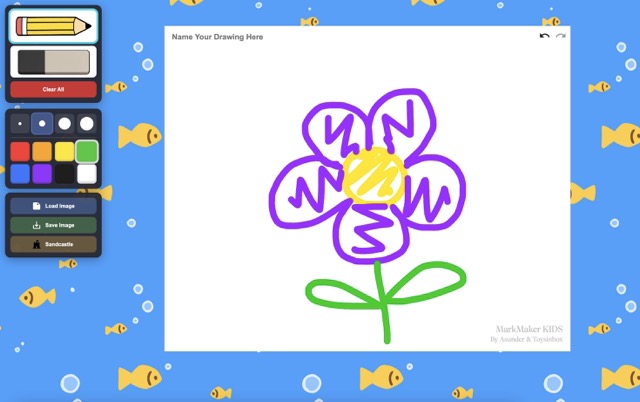 MarkMaker Kids drawing interface with a colorful kid-friendly art workspace
